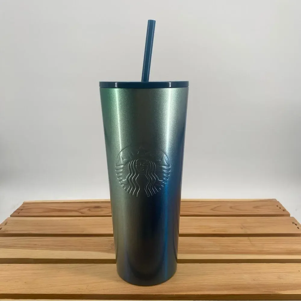 Starbucks 2021 Holiday Stainless Steel Blue & Green Ombre Tumbler 24 Oz Cold Cup